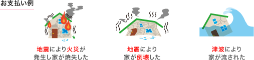 <お支払い例>地震により火災が発生し家が焼失した／地震により家が倒壊した／津波により家が流された