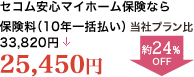 <セコム安心マイホーム保険なら>保険料（5年1回払い）57,830円 → 24,420円 | 当社プラン比 57% DOWN