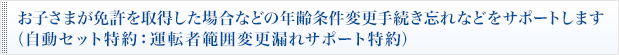 お子さまが免許を取得した場合などの年齢条件変更手続き忘れなどをサポートします。（自動セット特約：運転者範囲変更漏れサポート特約）