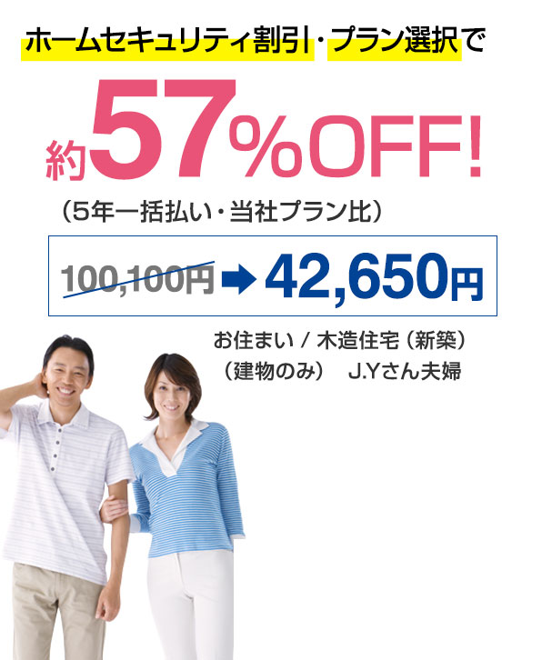 ホームセキュリティ割引･プラン選択で約54％OFF！（5年一括払い・当社プラン比） 84,970円⇒39,000円	お住まい / 木造住宅（新築）（建物のみ）  J.Yさん夫婦