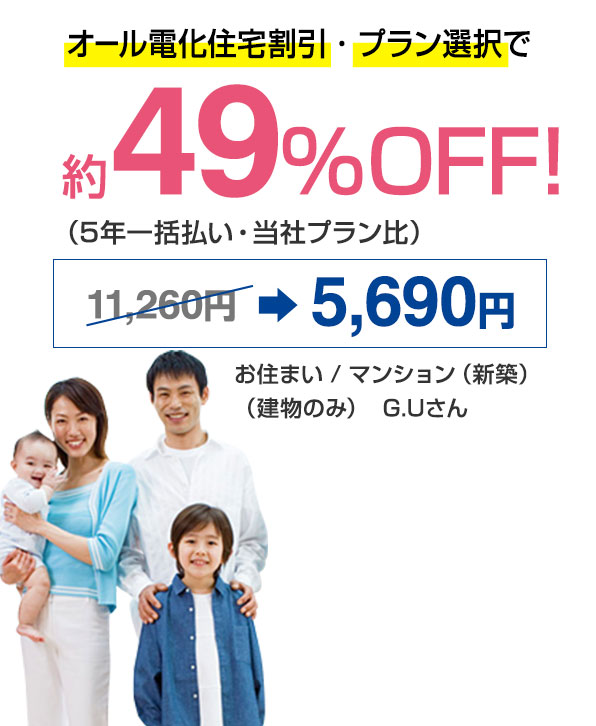 オール電化住宅割引 ･ プラン選択で約53％OFF！（5年一括払い・当社プラン比） 10,480円⇒4,850円 お住まい / マンション（新築）（建物のみ）  G.Uさん