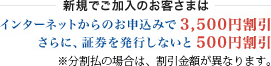 <新規でご加入のお客さまは>インターネットからのお申込みで3,500円割引／さらに、証券を発行しないと500円割引／※分割払の場合は、割引金額が異なります。