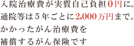 入院治療費が実質自己負担0円に。通院は5年ごとに1,000万円まで。かかったがん治療費を補償するがん保険です