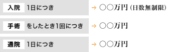 入院1日につき→○○万円（日数無制限）／手術をしたとき1回につき→○○万円／通院1日につき→○○万円