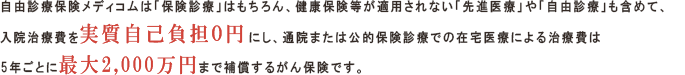 自由診療保険メディコムは「保険診療」はもちろん、健康保険等が適用されない「先進医療」や「自由診療」も含めて、入院治療費を実質自己負担0円にし、通院治療費は5年ごとに1,000万円まで補償するがん保険です。