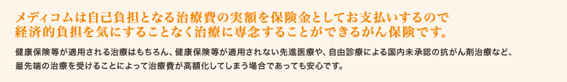 メディコムは自己負担となる治療費の実額を保険金としてお支払いするので経済的負担を気にすることなく治療に専念することができるがん保険です。健康保険等が適用される治療はもちろん、健康保険等が適用されない先進医療や、自由診療による国内未承認の抗がん剤治療治療など、最先端の治療を受けることによって治療費が高額化してしまう場合であっても安心です。