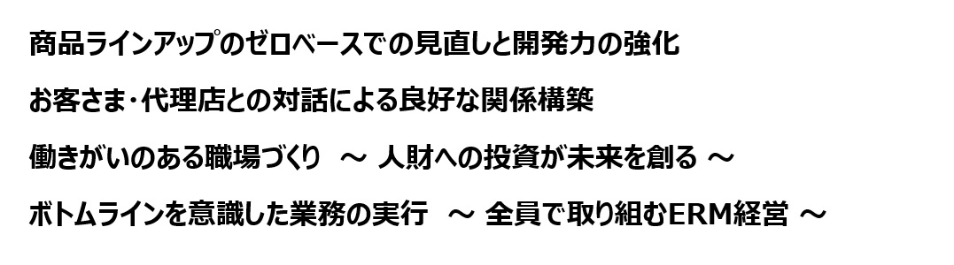 商品ラインアップのゼロベースでの見直しと開発力の強化、お客さま・代理店との対話による良好な関係構築、働きがいのある職場づくり ～人財への投資が未来を創る～、ボトムラインを意識した業務の実行 ～全員で取り組むERM経営～