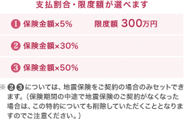 <支払割引・限度額が選べます>保険金額×5％ 限度額300万円／保険金額×30％／保険金額×50％